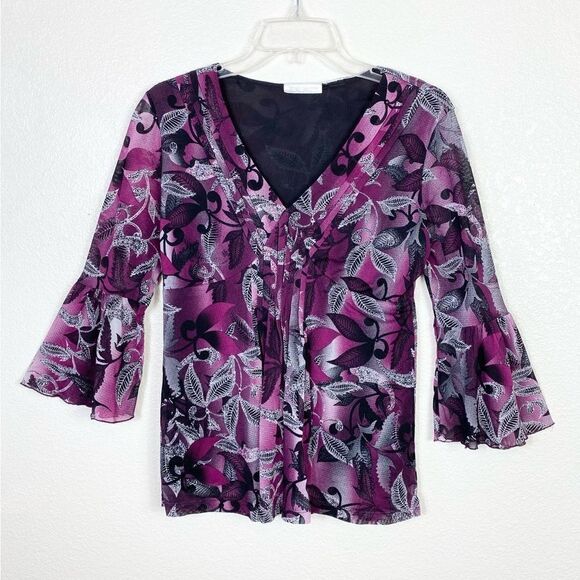 Vintage y2k Worthington Purple & Black Leaf Pattern Bell Sleeve Blouse - Picture 2 of 5